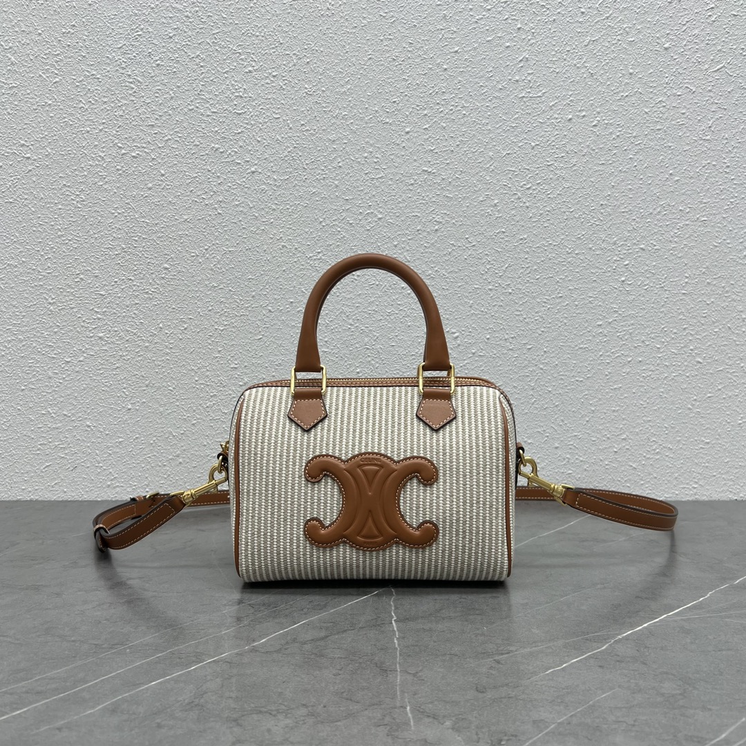 Celine Small Boston Cuir Triomphe In Striped Textile And Calfskin Beige 197582